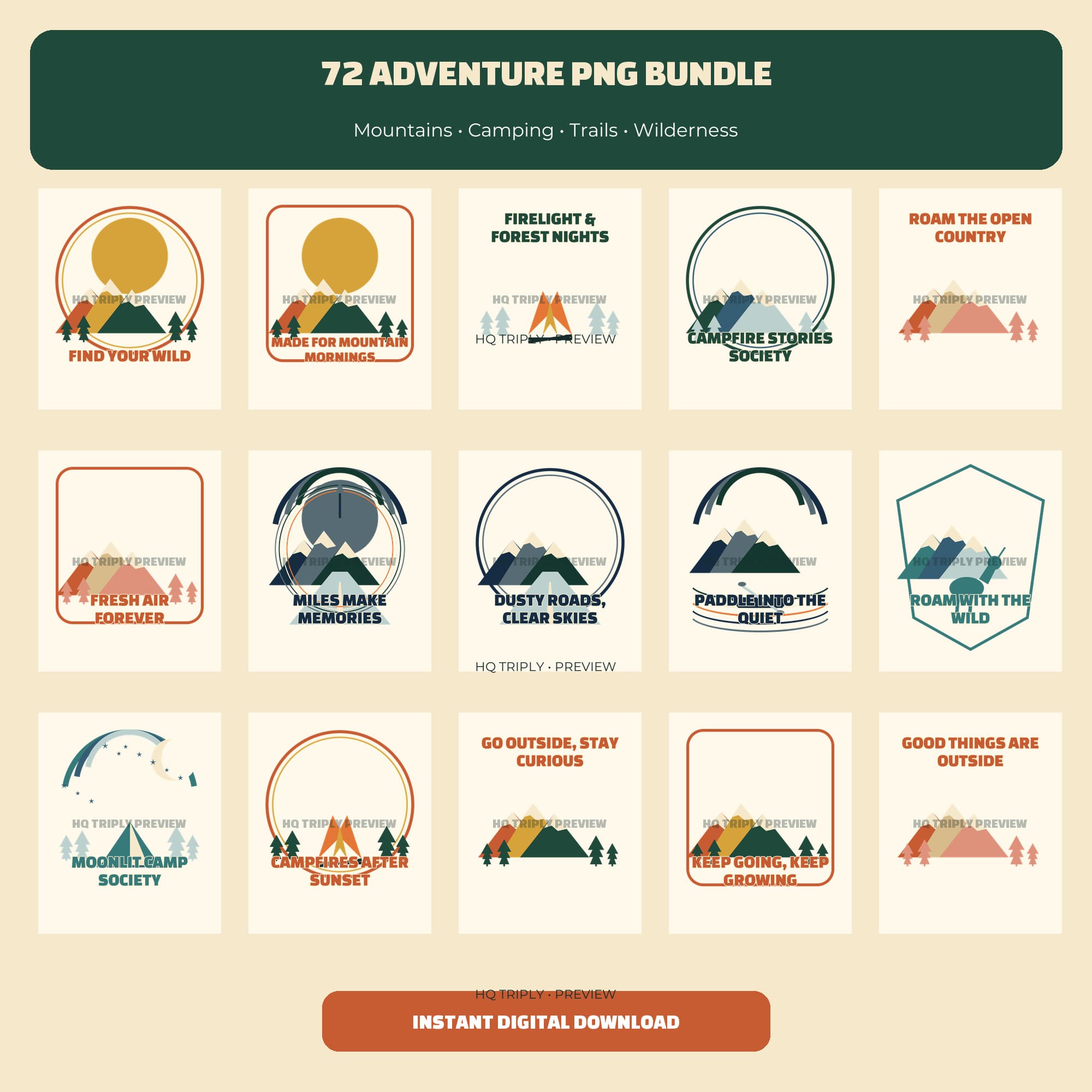 Cover collage for the HQ Triply 72 Adventure PNG Bundle with mountain, camping, trail and wilderness artwork