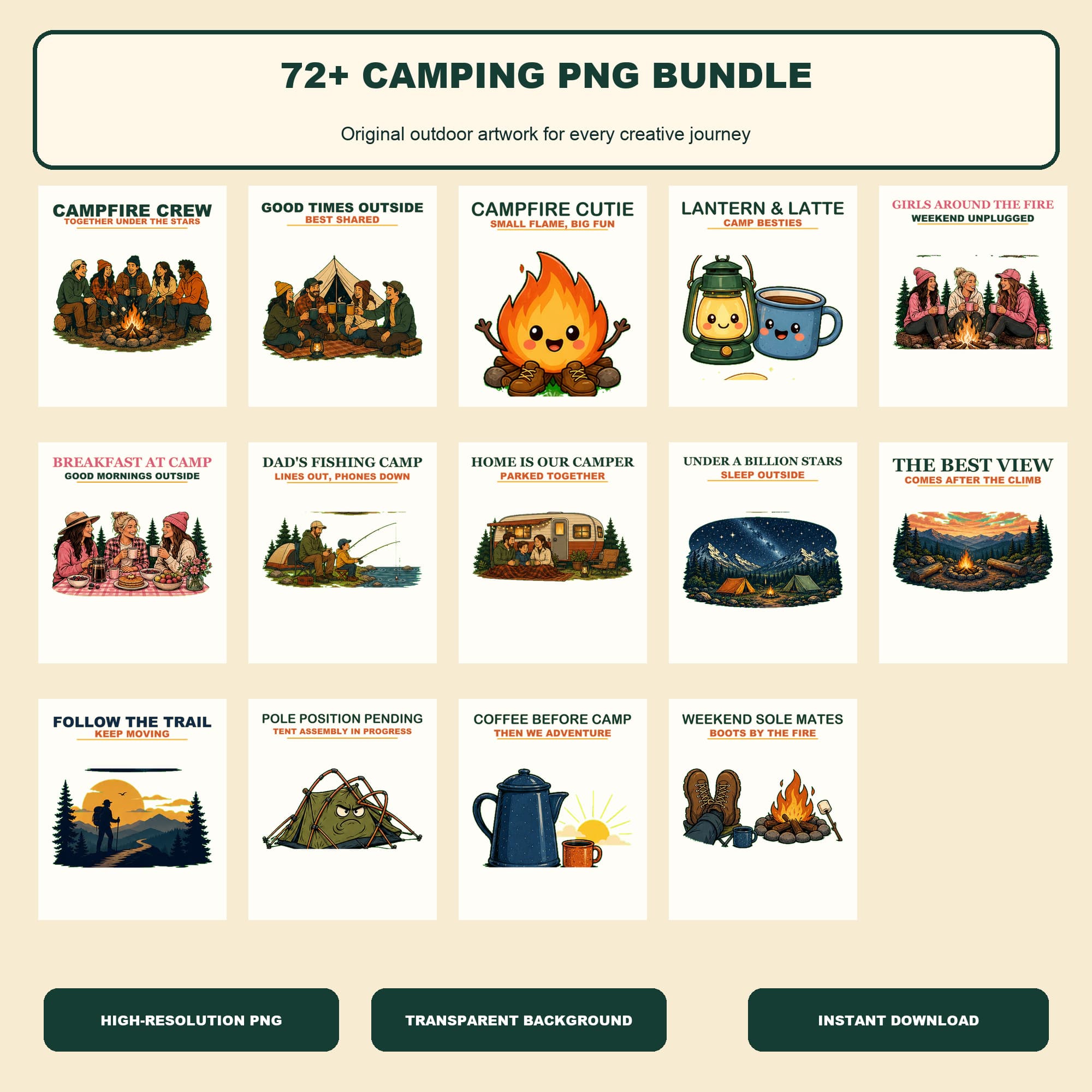 72 plus Camping PNG Bundle cover showing fourteen delivered outdoor designs and digital download badges